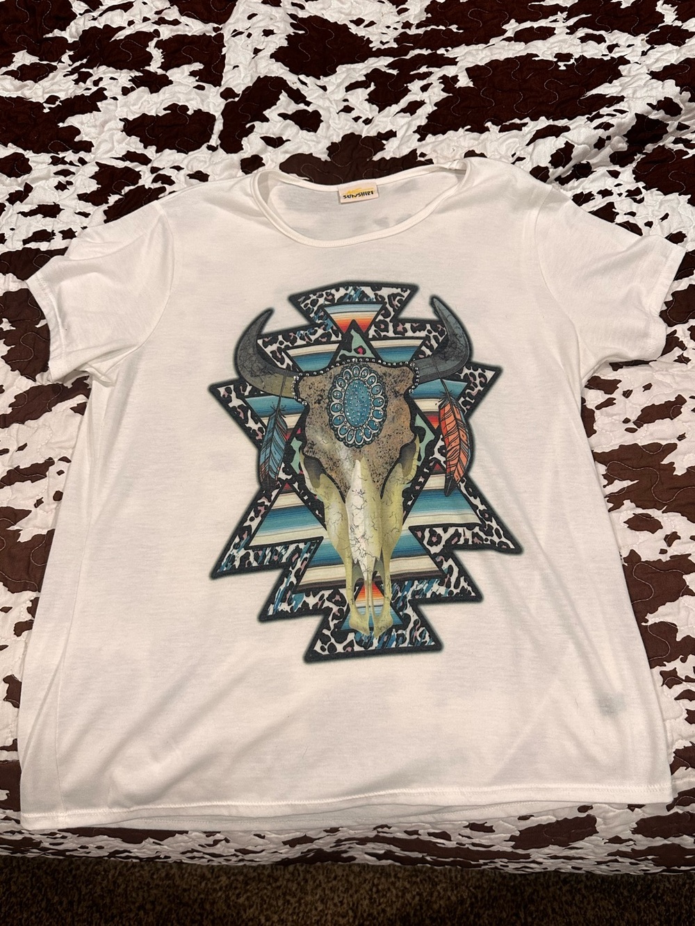 White Graphic Tee with Southwestern Bull Skull